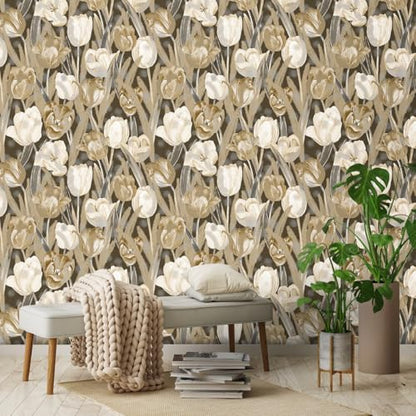 Tulip Retro Flower Wallpaper，17.71 "x 118.1" Golden Aesthetic Contact Paper Waterproof Vinyl Wallpaper for Kitchen Backsplash Bathroom Cabinet - color: flower-07, size: 17.7" x 118.1"