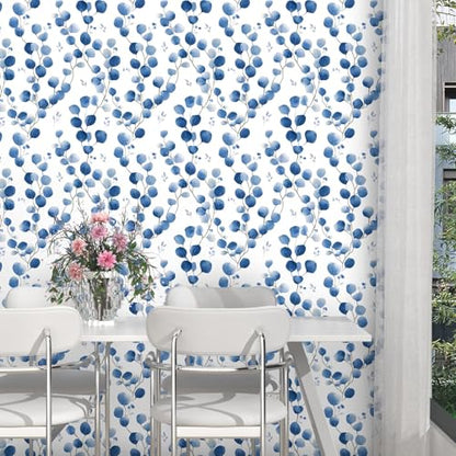 Laatse Light Blue Leaf Floral Wallpaper Peel and Stick 17.5" × 118" - color: Blue Leaf, size: 17.5" x 118"