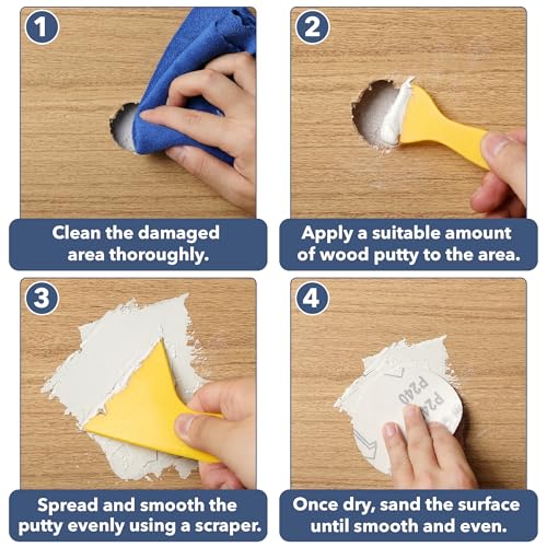 Bates- Wood Filler Putty Repair Kit, 9.87 Ounce, 2 Scrapers, 2 Sandpapers, White Wood Putty Filler Paintable & Stainable for Cracks, Holes and Defects in Wooden Furniture - color: White