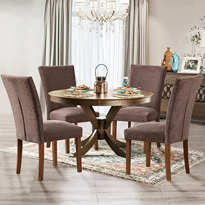 Parsons Dining Chairs Set of 4, Upholstered Nailhead Dining Room Kitchen Side Chair with Thick Cushions and Wood Legs, Brown - color: Brown, size: set of 4