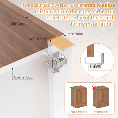 Chibery 60 Pack 1-1/2" Overlay 3D Soft Close Concealed Hinge for Face Frame Door, Self Closing Hinges, 105° Smooth Slow Close Quite, Hidden Stainless Steel Hinge for Kitchen Cabinet Door, Satin Nickel - size: 1-1/2" Overlay