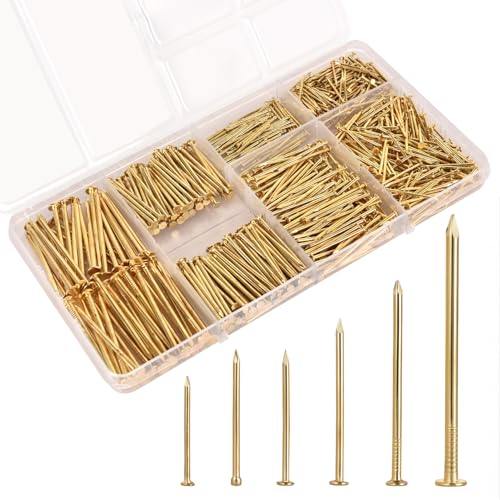 700 Pcs Picture Hanging Nails Assortment Kit - 6 Sizes Wall Hanging Set for Frame Art Photo,Brass Small Framing Nails,Gold Finishing Nails - size: 700Pcs Gold Nails
