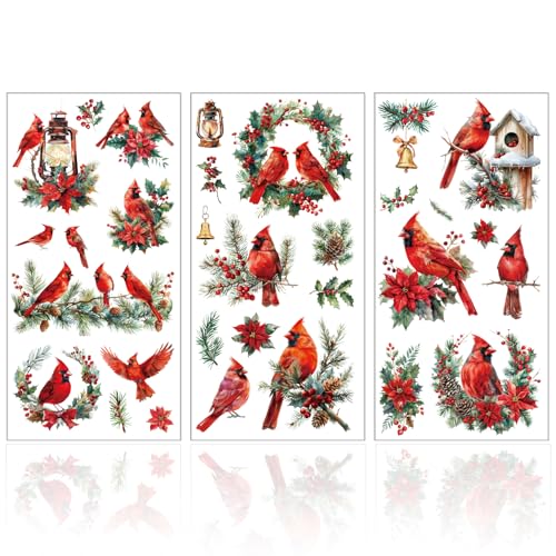 GLOBLELAND 3 Sheets Christmas Cardinal Furniture Transfer 6x12inch Christmas Mistletoe Rub on Transfer Self-Adhesive Wall Art Decals for Bedroom Living Room Desk Table Decoration - style: Cardinal