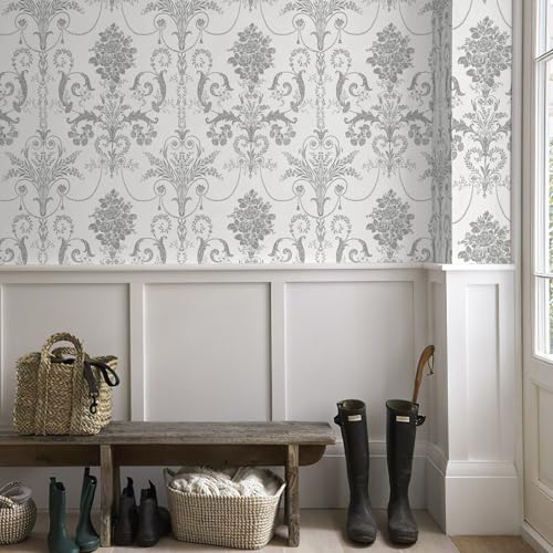 Silver Gray Removable Wallpaper Damascus Floral Peel and Stick Wallpaper - color: Silver/Gray, size: 17.3" x 118"