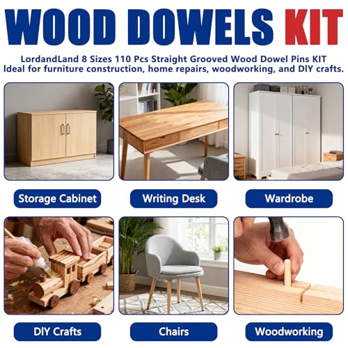 8 Values Wood Dowels Kit 1/4 3/8 5/16 Inch Fluted Wooden Dowel Pins Pegs Hardware Pins Fluted Wood Dowels for Furniture Woodworking DIY Crafts (Pack of 110Pcs)
