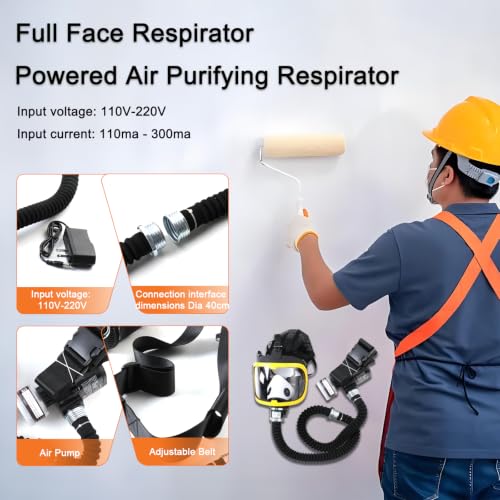 Full Face Respirator, Protective Mask with Air Pump for Gases Dust Chemicals Paint， Powered Respirator, 110ma-300ma 62 L/min 74 L/min Air Supply Flow