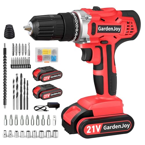 GardenJoy 20v Cordless Drill Set, Power Electric Kit 2 Batteries With Charger 30Nm 2 Speed 3/8" Keyless Chuck 24+1 Torque Drill Driver Screwdriver Bits with LED Electric Work Light for Men DIY - color: Red2