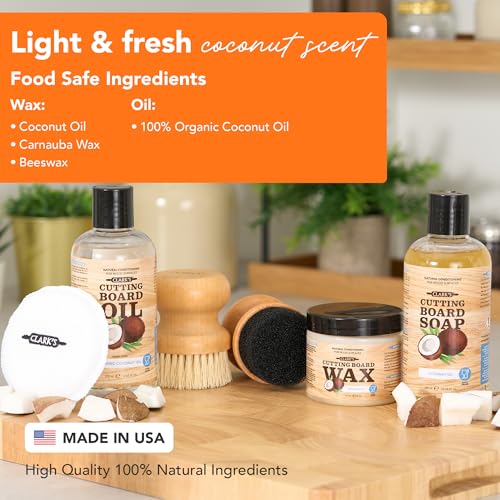 CLARK'S Cutting Board Care Kit with Coconut Oil - Includes Wax, Soap, Scrub Brush, Buffing Pad, and Applicator - for Kitchen Countertops, Butcher Blocks, Wooden Bowls and Utensils - Food Safe - style: Coconut Oil Extracts(Full Care Set)