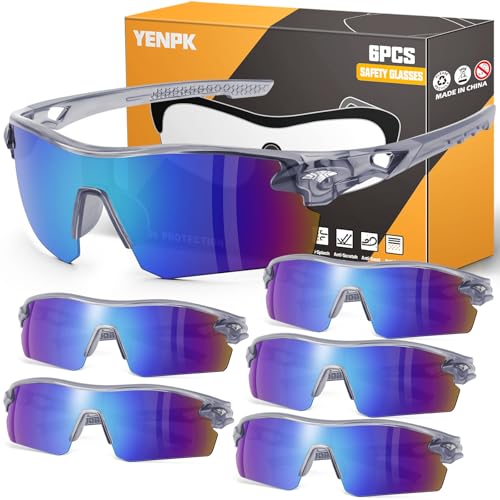 6 Pack Safety Glasses, ANSI Z87.1+UV Protective Eyewear, Impact Resistant Anti-Scratch Safety Goggles for Men Women - color: Blue Mirror & Gray Frame