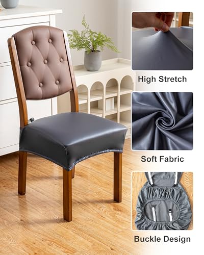 Genina Dining Chair Covers Set of 2, Waterproof PU Leather Dining Seat Covers Stretch Wipeable Dining Room Seat Cover Kitchen Chair Slipcover Protector (Rear-Covered Design, Charcoal Gray) - color: Charcoal Gray, size: Rear-Covered 2PCS
