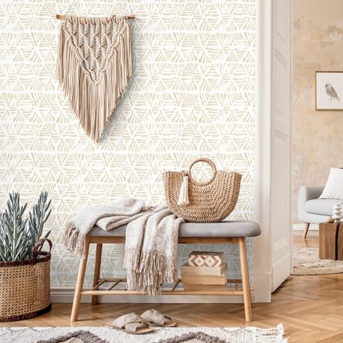 Peel and Stick Wallpaper Boho Wallpaper Geometric Beige and White Contact Paper Modern Striped Self-Adhesive Removable Wall Paper for Bedroom Cabinets Drawers Vinyl Roll 17.3" x 78.7" - color: Beige && White, size: 17.3" x 78.7"
