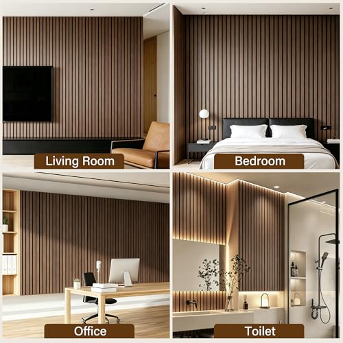 KASARO 5 Pieces Faux Wood Slat Wall Panel, Peel and Stick EVA Decor, Brown - color: Brown
