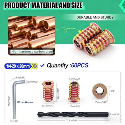 Twidec/60PCS 1/4"-20 Threaded Inserts for Wood Furniture Screw-in Nut Wood Inserts Bolt Assortment Kit with M6 Hex Wrench (1/4"-20 x20mm) N-059-1/4x20 - size: 1/4-20x20mm