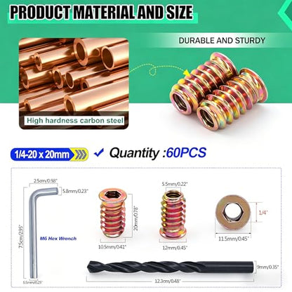 Twidec/60PCS 1/4"-20 Threaded Inserts for Wood Furniture Screw-in Nut Wood Inserts Bolt Assortment Kit with M6 Hex Wrench (1/4"-20 x20mm) N-059-1/4x20 - size: 1/4-20x20mm