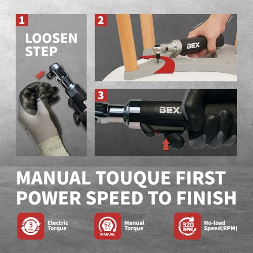 BEX 44pcs 2-in-1 3/8" Electric Ratchet Wrench and 1/4" Right Angle Screwdriver Kit for Tight Spaces USB-C Rechargeable, Socket & Bit Kit