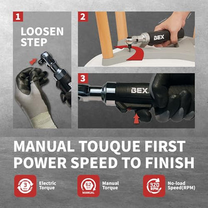 BEX 44pcs 2-in-1 3/8" Electric Ratchet Wrench and 1/4" Right Angle Screwdriver Kit for Tight Spaces USB-C Rechargeable, Socket & Bit Kit