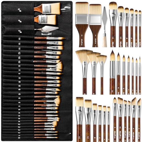 Nicpro 30pcs Paint Brush Set for Acrylic Painting, Oil, Watercolor, Gouache - color: Wood