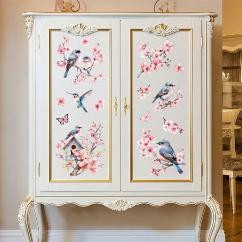 Peacoblue Cherry Blossoms, Bird Rub On Transfers for Furniture Craft 6"x12" - style: Cherry Blossoms and Birds