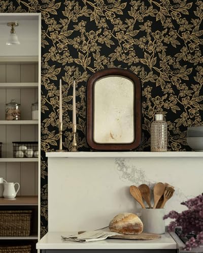 Ismoon Dark Floral Peel Stick Wallpaper Black Gold Wallpaper 17.3x78.7in - color: Black/Gold, size: 17.3" x 78.7"
