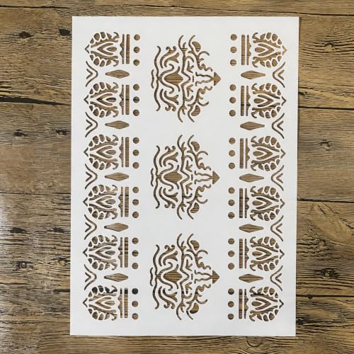 TIAMECH A4 Reusable Vintage Boho Damask Border Stencil for Painting - color: Vintage Boho Damask Border