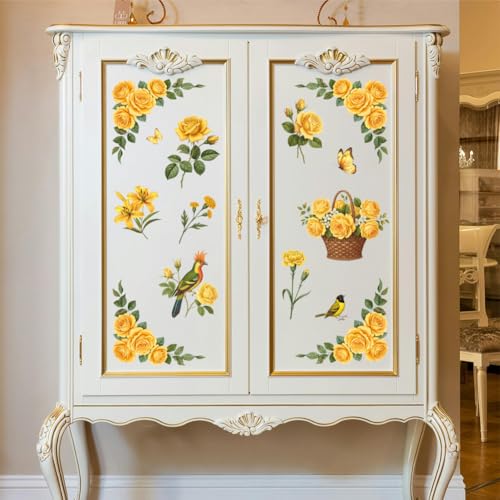 Peacoblue Yellow Vintage Flower Rub On Transfers for Furniture Craft 6"x12" - style: Yellow Vintage Flower