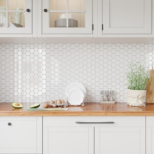 VEELIKE 12-Sheet White Hexagon Tile Peel and Stick Backsplash for Kitchen Backsplash Tiles Peel and Stick Waterproof Self Adhesive Back Splashes Stick on Tiles for Kitchen Bathroom Removable 12''x12'' - size: Box of 12 Tiles