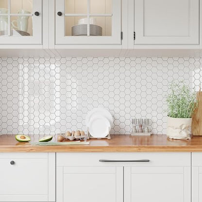 VEELIKE 12-Sheet White Hexagon Tile Peel and Stick Backsplash for Kitchen Backsplash Tiles Peel and Stick Waterproof Self Adhesive Back Splashes Stick on Tiles for Kitchen Bathroom Removable 12''x12'' - size: Box of 12 Tiles