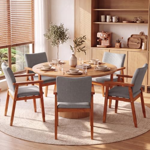 GOTMINSI Linen Fabric Dining Chair with Arms, Solid Wood Frame, 320 lbs Load Capacity, Mid-Century Modern Upholstered Side Chair for Kitchen, Dining Room, Living Room (Grey, 5pcs) - color: Grey, size: 5pcs