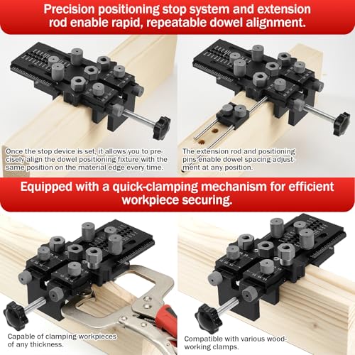 Woodworking Dowel Jig Kit, Precision Drill Guide with 1/4 3/8 1/2 Inch Bushings & Drill Bits, Adjustable Doweling Jig for Straight Holes, Quick Clamp System for Furniture Cabinet DIY Wood Joints - color: Black