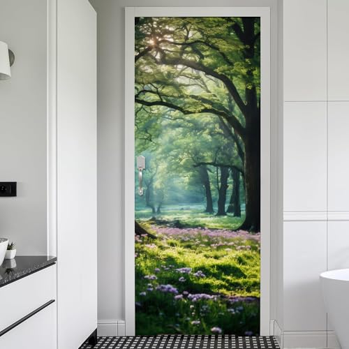 REDAMANCY Forest Tree Pink Wildflower Landscape Peel and Stick Door Stickers Vinyl 3D Door Mural Decals Decor Wallpaper Self-Adhesive, Waterproof, Removable - color: Mta-25