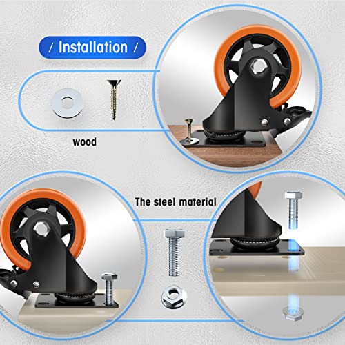 4" Swivel Plate Casters, 1200Lbs Capacity with Brake - color: Orange, size: 4 Inch
