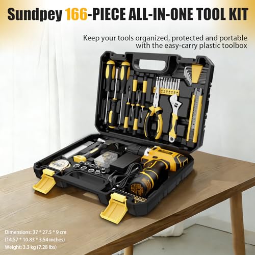 Sundpey 166-PC Small Basic Home Tool Kit Set with 12V Cordless Drill & Case