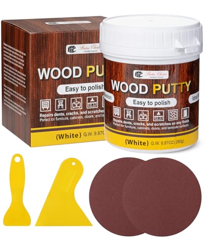 Bates- Wood Filler Putty Repair Kit, 9.87 Ounce, 2 Scrapers, 2 Sandpapers, White Wood Putty Filler Paintable & Stainable for Cracks, Holes and Defects in Wooden Furniture - color: White