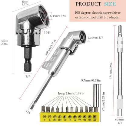 2026 new angular tool screw holder, 105 degree right angle drill bit holder, with multifunctional elbow screwdriver head set, suitable for working in narrow spaces (short) - size: short