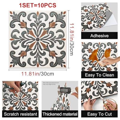 HOMETITUTE Baroque Green Brown Embossed Peel Stick Floor 12"x12" - color: Green#2