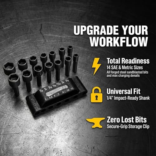 Drilax 14-Pc Nut Driver Bit Set, SAE & Metric, 1/4 in Hex, Impact Ready