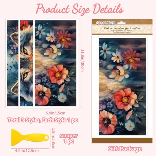 Peacoblue Wolf and Flowers Rub On Transfers for Furniture Craft 6"x12" - style: Wolf and Flowers
