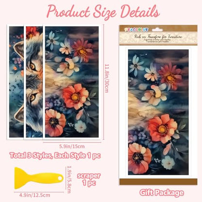 Peacoblue Wolf and Flowers Rub On Transfers for Furniture Craft 6"x12" - style: Wolf and Flowers