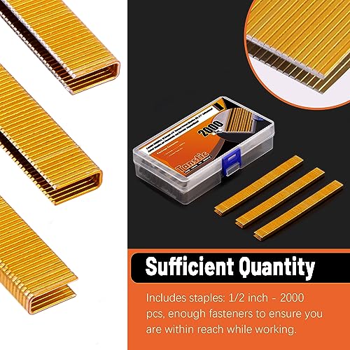 Tanstic 2000Pcs 18 Gauge 1/4" Narrow Crown Staples Kit, 1/2" Heavy Duty Galvanized Narrow Crown Finish Staples for Pneumatic Electric Stapler (Gold)