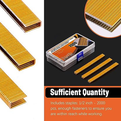 Tanstic 2000Pcs 18 Gauge 1/4" Narrow Crown Staples Kit, 1/2" Heavy Duty Galvanized Narrow Crown Finish Staples for Pneumatic Electric Stapler (Gold)