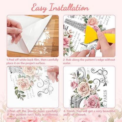 Peacoblue Floral Paris Tower Rub On Transfers for Furniture 6"x12" - style: Retro Floral Shading Paris Tower