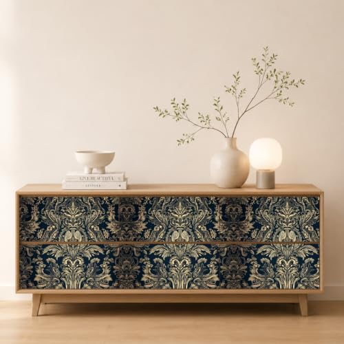 Peel and Stick Wallpaper, Dark Blue Gold Damask Pattern, 236in x 17.7in, Waterproof Vinyl, Removable Reusable, Eco-Friendly, for Bedroom Living Room Rental Apartment - color: Dark03, size: 17.7" x 236.2"