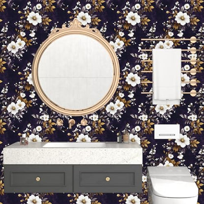 Laatse Dark Floral Peel and Stick Wallpaper 17.5" x 118",Purple/White - color: Purple White, size: 118" x 17.5"