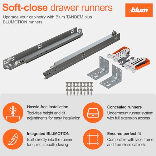 Blum Tandem Plus BLUMOTION Concealed Undermount Drawer Slides (Runners) Kit, 18-Inch, Full Extension, Soft-Close, Steel, 100 lb. Load Capacity for Wood Drawers (1 Kit) - size: 1 Kit
