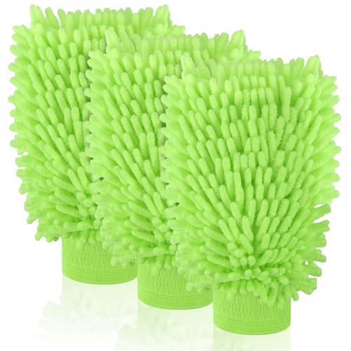 3 Pack Chenille Microfiber Car Wash Mitt, 7" x 9.6", Green - color: Green