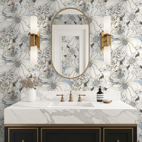 NextWall Harry & Grace Ink Rose Abstract Floral Peel and Stick Wallpaper (Blue Mist & Stoneware) - color: Blue Mist & Stoneware