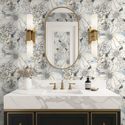 NextWall Harry & Grace Ink Rose Abstract Floral Peel and Stick Wallpaper (Blue Mist & Stoneware) - color: Blue Mist & Stoneware