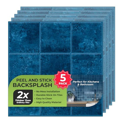 Select 5 Pack Peel and Stick Backsplash Square Tiles, 12x12 in, Blue - color: Blue, size: Square Shape