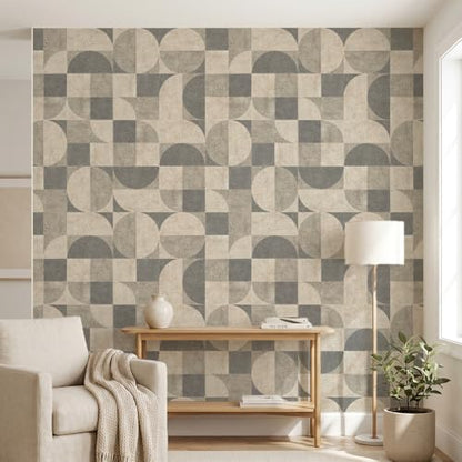 Chunlei Peel and Stick Wallpaper, Grey Beige Mid-Century Geometric Pattern, 236in x 17.7in, Waterproof Vinyl, Removable Reusable, Eco-Friendly, for Bedroom Living Room Rental Apartment - color: Beige04, size: 17.7" x 236.2"