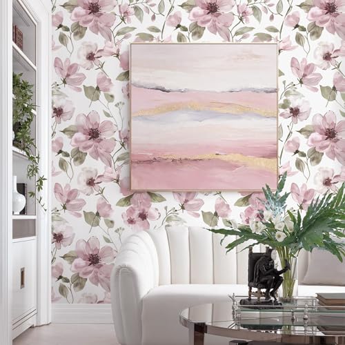 17.3''x78.7''Peel and Stick Wallpaper Boho Floral Contact Paper Pink Watercolor Flowers Leaf Wallpaper Removable Self-Adhesive Wall Paper for Bedroom Renter Friendly Vinyl